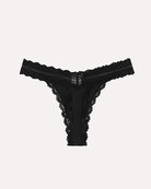 Black lace waist thong with ribbed T-back and scalloped lace trim, center bow