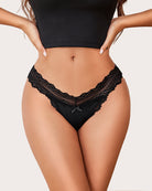 Lace waist thong panties in black with scalloped lace edges