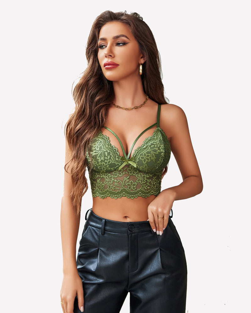 Army green lace bralette crop top with underwire cups and adjustable thin straps
