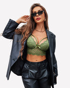 Army green lace bralette crop top with adjustable straps and V-neck lace trim