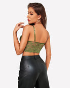 Army green lace bralette crop top, open-back view with adjustable shoulder straps