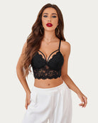 Black lace bralette crop top with underwire cups and adjustable spaghetti straps
