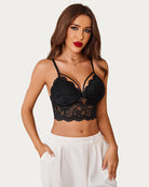 Black lace bralette crop top with scalloped V-neck and adjustable thin straps