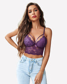 Purple lace bralette crop top with underwire cups and thin adjustable shoulder straps