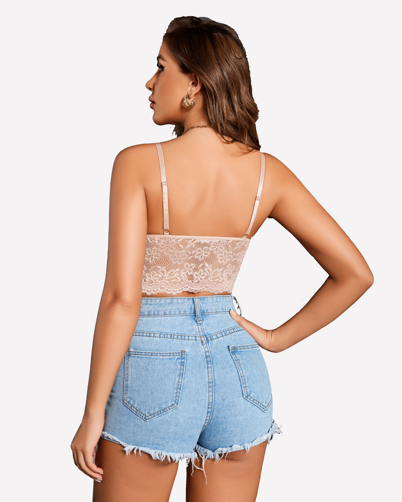 Beige lace bralette crop top, open-back view with adjustable shoulder straps