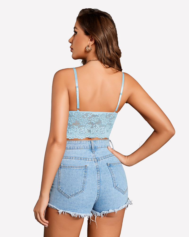 Light blue lace bralette crop top, open-back view with adjustable shoulder straps