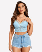 Light blue lace bralette crop top with underwire cups and adjustable shoulder straps