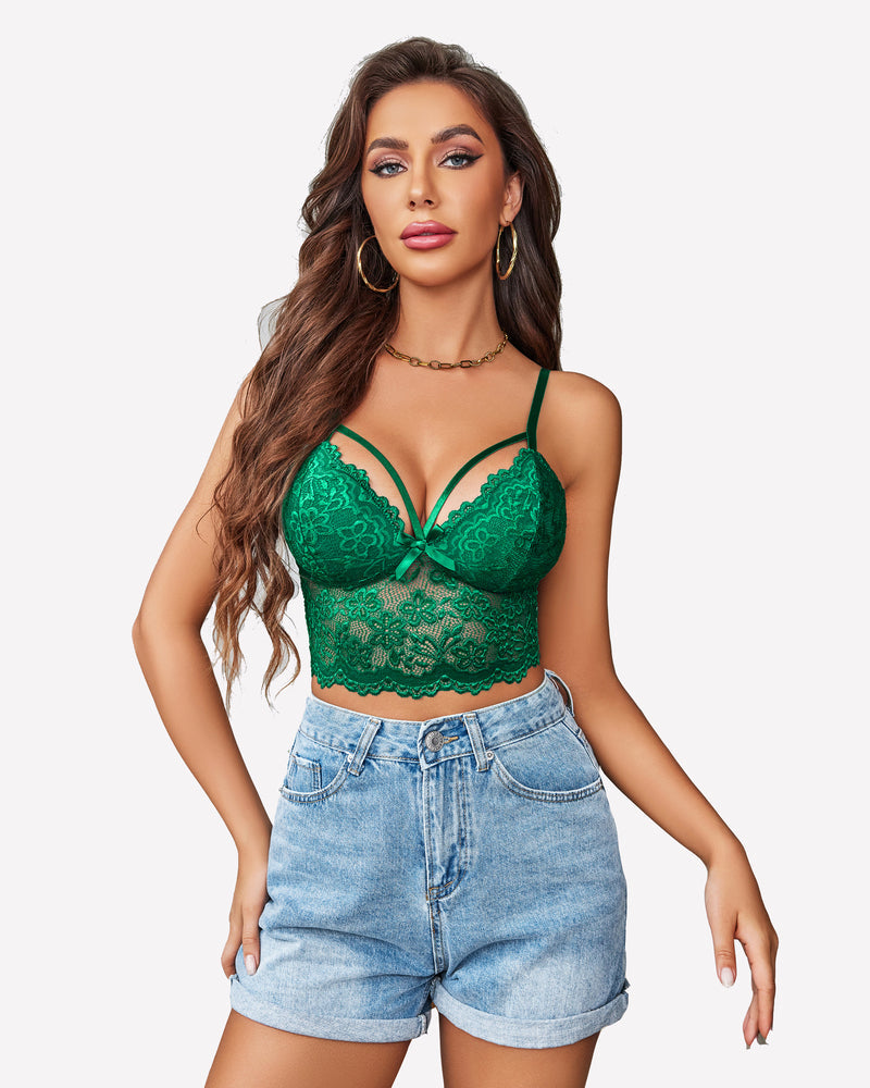 Green lace bralette crop top with underwire cups, lace trim, and adjustable straps