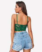 Green lace bralette crop top, open-back view with adjustable shoulder straps