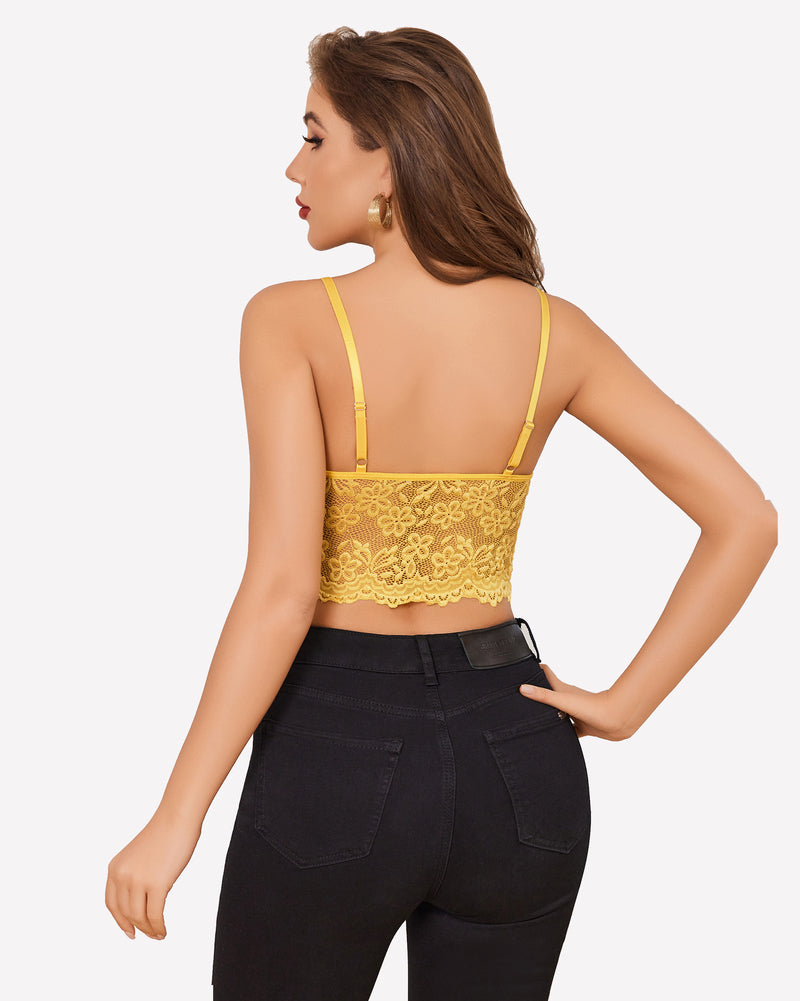 Yellow lace bralette crop top viewed from the back with adjustable shoulder straps