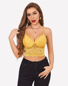 Yellow lace bralette crop top with adjustable spaghetti straps and underwire cups