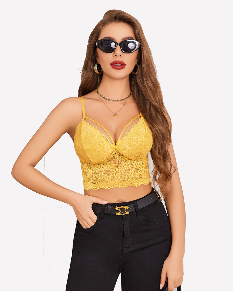 Yellow lace bralette crop top with adjustable straps, underwire cups, and scalloped trim
