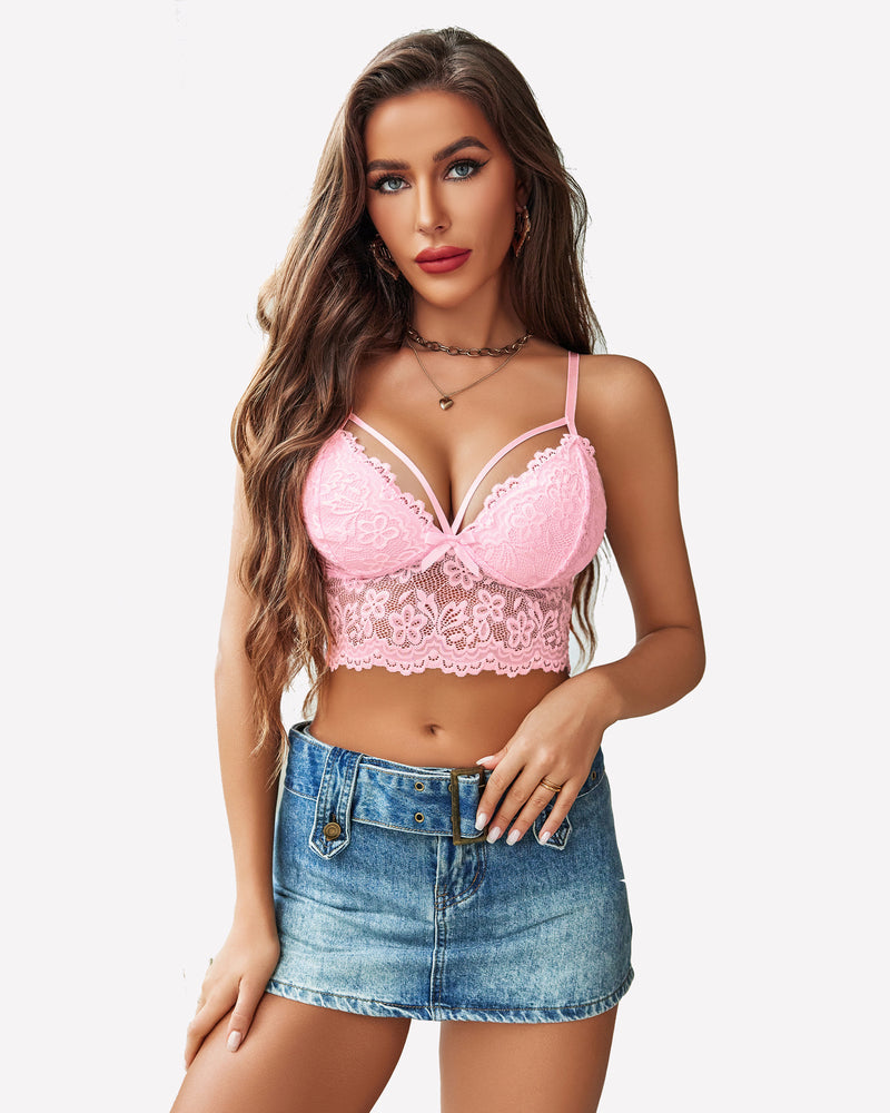 Pink lace bralette crop top with adjustable spaghetti straps and underwire cups