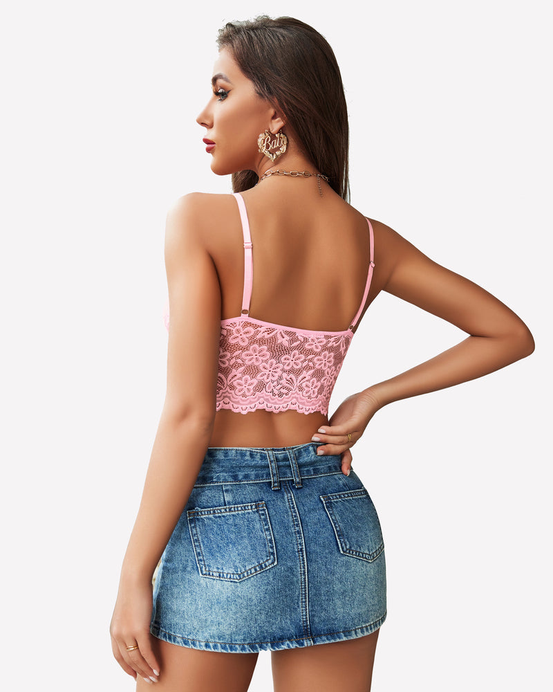 Pink lace bralette crop top viewed from the back with adjustable shoulder straps