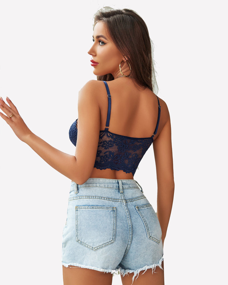Blue lace bralette crop top viewed from the back with adjustable shoulder straps