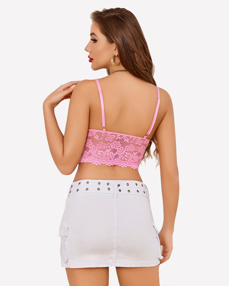 Pink lace bralette crop top viewed from the back with adjustable shoulder straps
