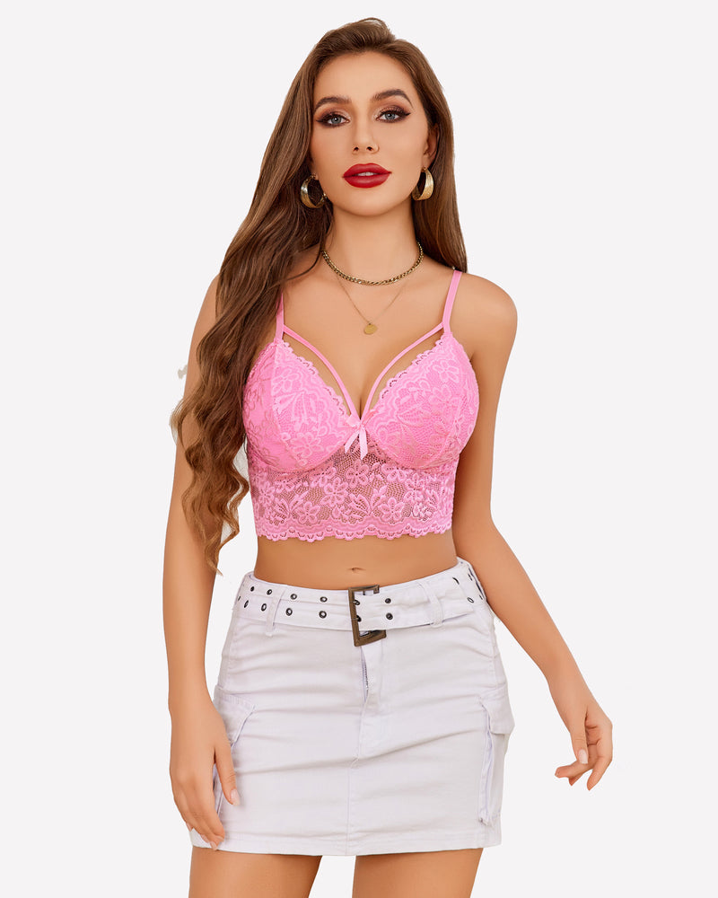 Pink lace bralette crop top with adjustable spaghetti straps and underwire cups