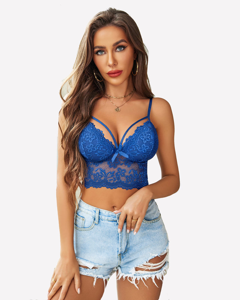 Blue lace bralette crop top with adjustable thin straps and V-neck detail
