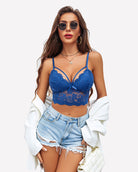 Blue lace bralette crop top with underwire cups and scalloped lace hem