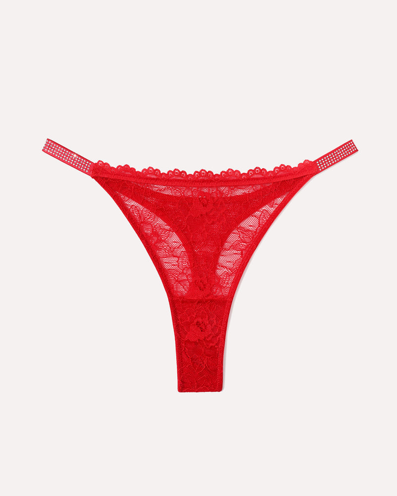 Red lace thong with rhinestone-studded strap and scalloped lace trim