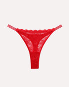 Red lace thong with rhinestone-studded strap and scalloped lace trim