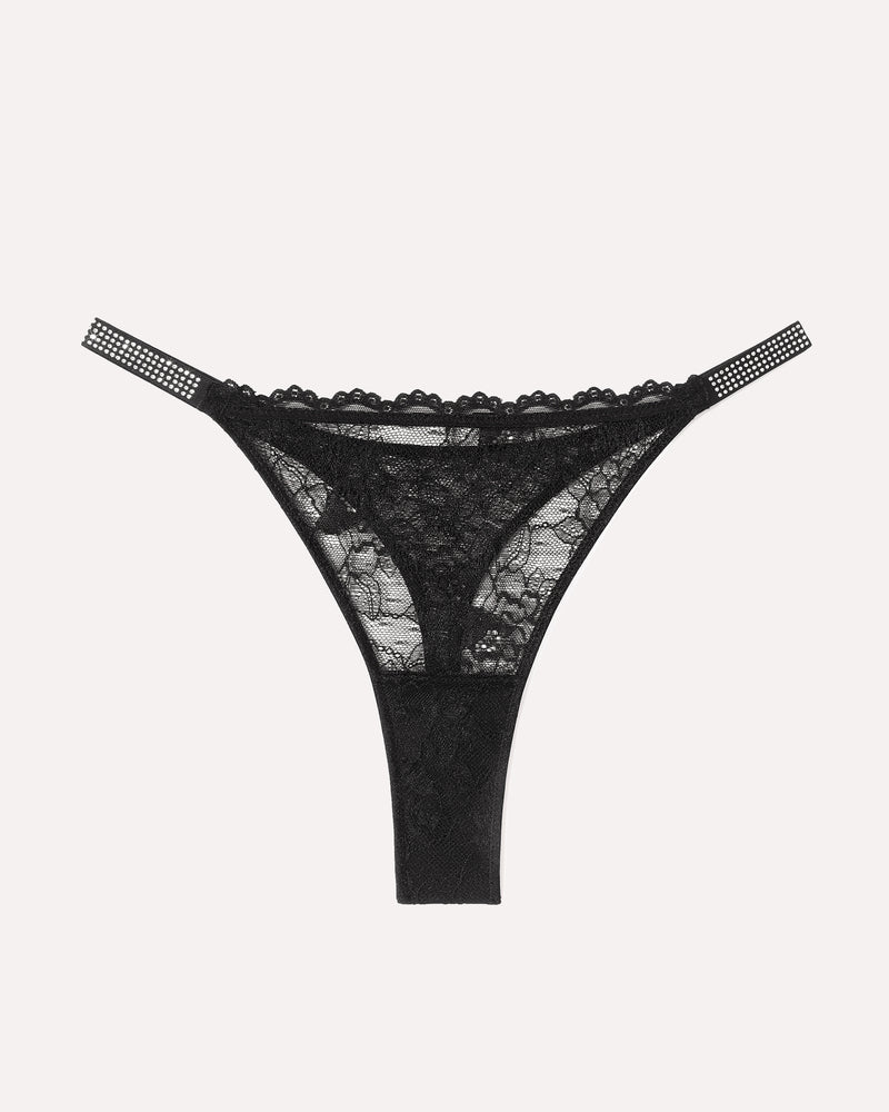 Black lace thong with rhinestone-studded strap and sheer lace front