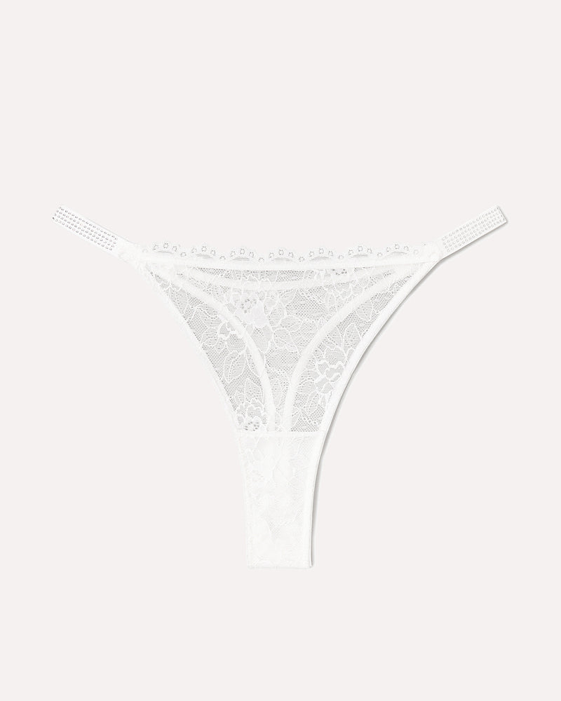 White lace thong with embellished strap edge and scalloped lace trim