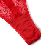 Red lace thong with sheer lace front and solid stretch side panel