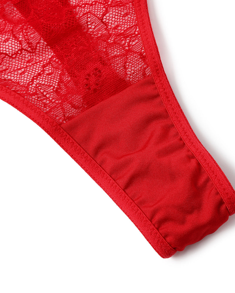 Red lace thong with sheer lace front and solid stretch side panel