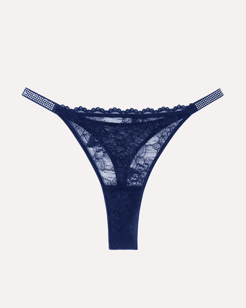 Navy blue lace thong with embellished strap edge and scalloped lace trim