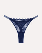 Navy blue lace thong with embellished strap edge and scalloped lace trim