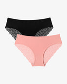 Set of lace hipster panties: black and pink, scalloped lace trim along sides.