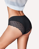 Black lace hipster panties with lace side panels and smooth front underband