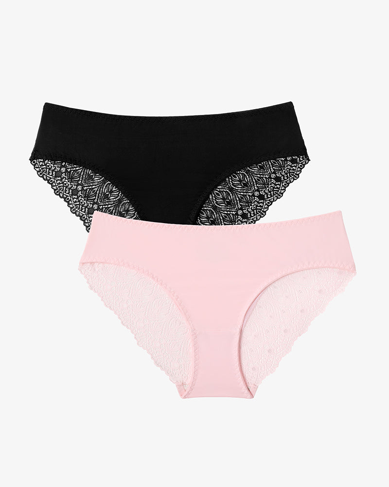 Set of lace hipster panties: black and pale pink, scalloped lace trim.
