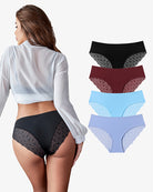 No-show lace hipster panties with black lace side panels and V-waist band