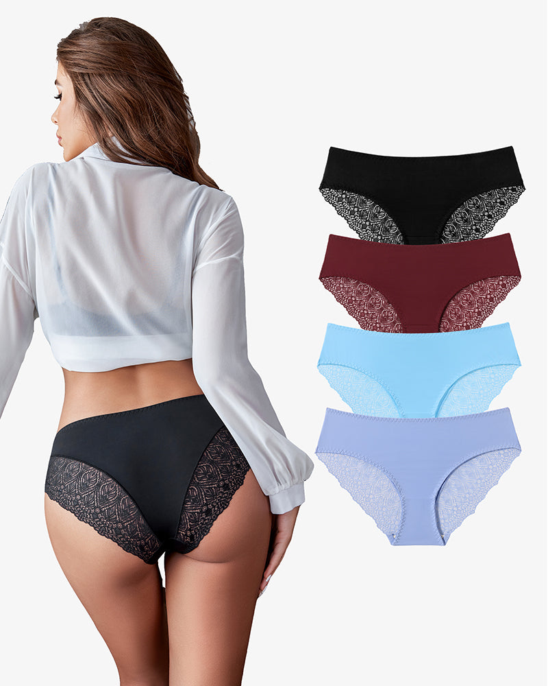 No-show lace hipster panties with black lace side panels and V-waist band