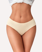 Cream no-show hipster panties with smooth fabric and V-waist elastic band