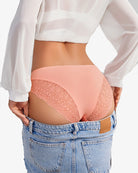 Pink lace hipster panties with lace back panel and scalloped edges