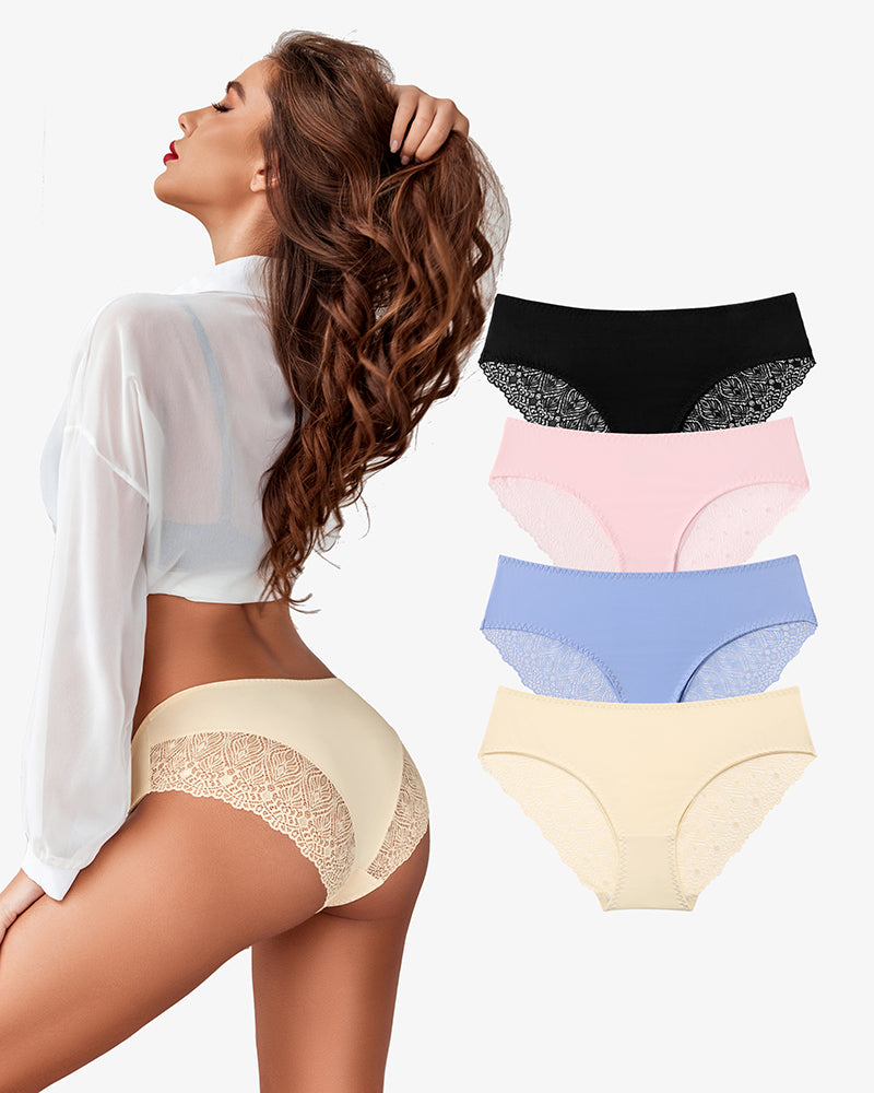 No-show lace hipster panties in beige with lace side panels and V-waist band
