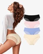 No-show lace hipster panties in beige with lace side panels and V-waist band