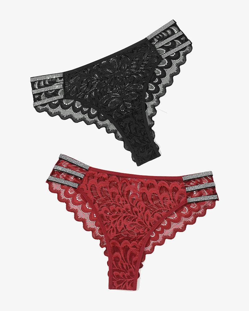 Lace glitter cheeky underwear set: black and red panties with striped waistband trim.