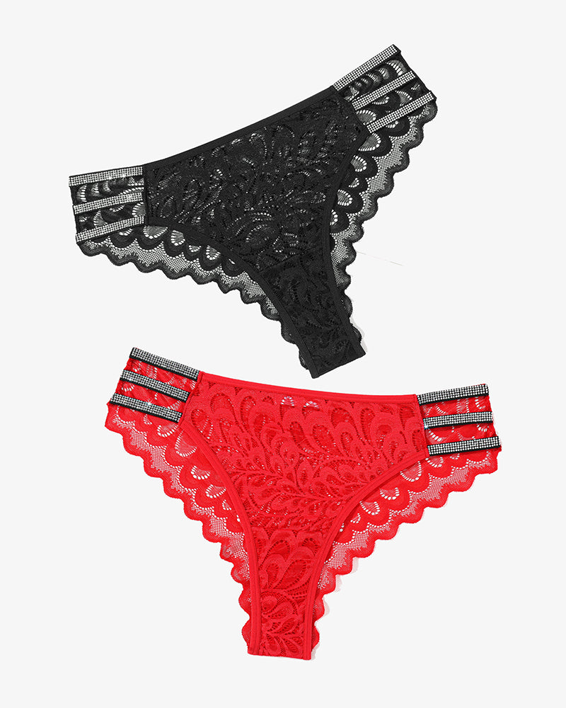 Lace glitter cheeky panties set: black and red lace with scalloped edges