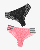 Lace glitter cheeky panties set: pink lace and black lace with scalloped edges