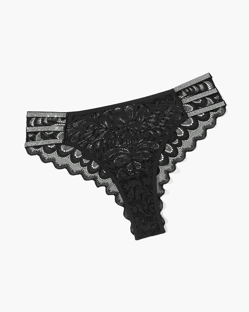 Black lace glitter cheeky panty with scalloped edges and striped waistband trim.
