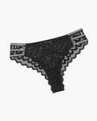 Black lace glitter cheeky panty with scalloped edges and striped waistband trim.