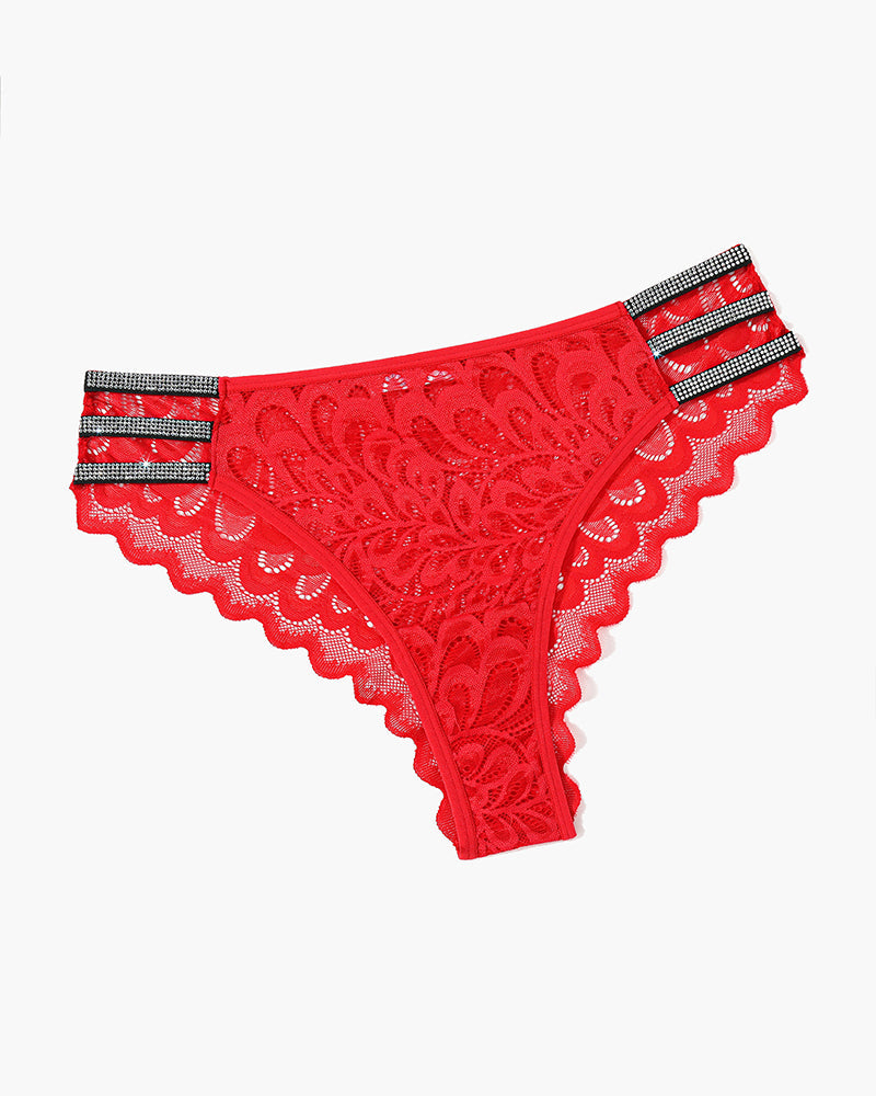 Bright red lace glitter cheeky panty with scalloped lace edges and striped waistband trim.