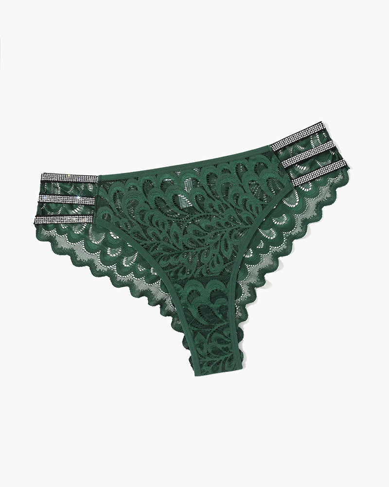 Green lace glitter cheeky panty with scalloped lace edges and striped waistband trim.