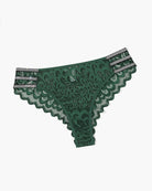 Green lace glitter cheeky panty with scalloped lace edges and striped waistband trim.