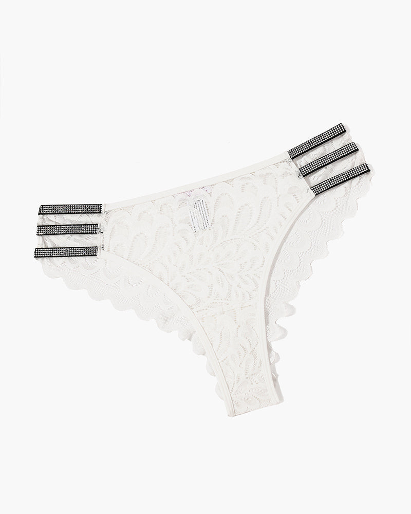 White lace glitter cheeky panty with scalloped lace edges and striped waistband trim.