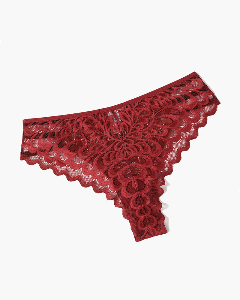 Red lace glitter cheeky panty with scalloped lace edges and striped waistband trim.